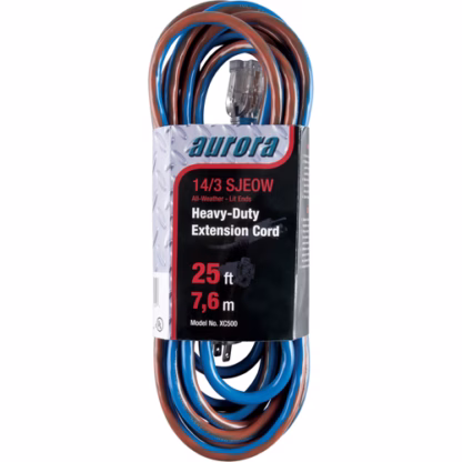TPE-Rubber Extension Cord With Light Indicator, All-Weather, SJEOW, 14/3 AWG, 15 A
