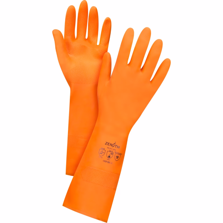 Premium Orange Chemical-Resistant Gloves, Rubber Latex, Flock-Lined Inner Lining, 28-mil
